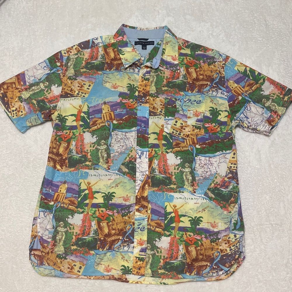Tommy Hilfiger All Over Print Mediterranean Tropical Vacation Button Up‎ Shirt